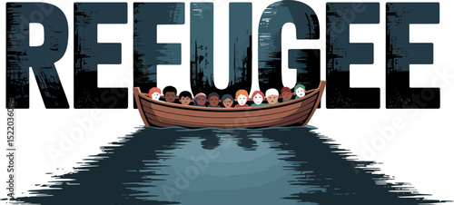 Refugee crisis illustration: boat with refugees, immigration, asylum seekers, migration concept art editable stock vector illustration