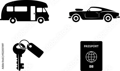 Travel essentials vector icons set rv car passport and key for adventure and vacation planning design 100 editable stock vector illustration