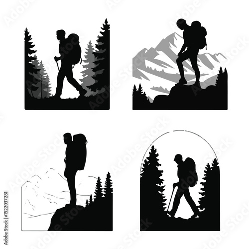 Hiker Black Silhouette Scenes Collection in Nature with Transparent Background
