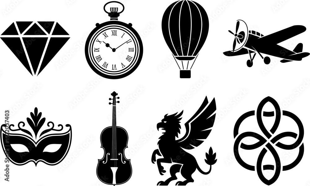Fototapeta premium Vector graphics set design elements diamond clock air balloon airplane mask violin griffin knot icon art editable stock vector illustration