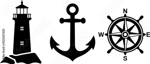 Nautical themed vector graphic featuring lighthouse anchor and ship wheel for marine and sailing concepts editable stock vector illustration
