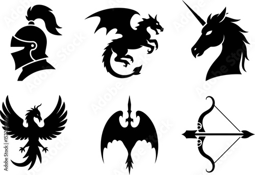 Fantasy creatures and medieval icons vector set dragon unicorn knight phoenix bow and arrow graphic design editable stock vector illustration