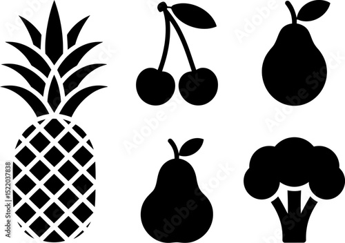 Vector fruits and vegetables icons for healthy eating pineapple cherries pears broccoli food design 100 editable stock vector illustration