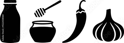 Vector graphic of honey jar, garlic, chili pepper, and bottle for food and cooking illustrations editable stock vector illustration