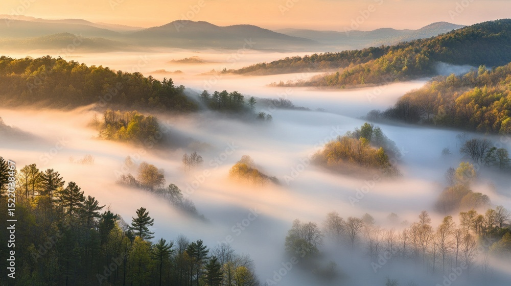 Fototapeta premium Misty morning mountain landscape bathed in golden sunrise light