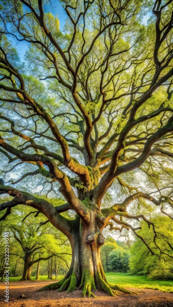 Fototapeta premium Large tree with gnarled branches and trunk in forest landscape