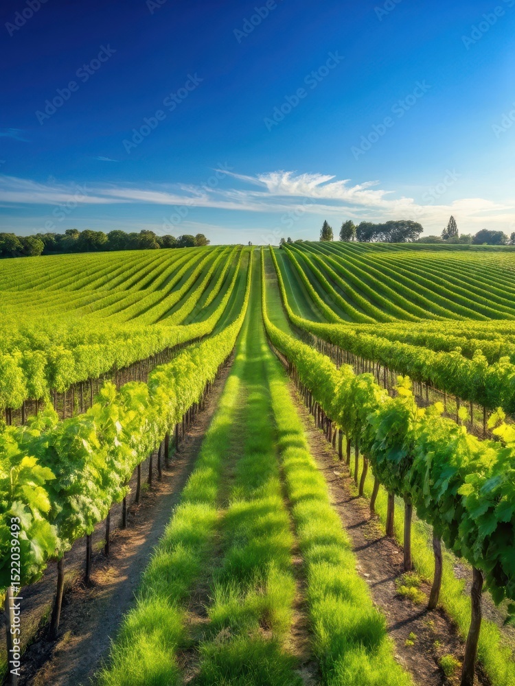 Naklejka premium Lush green rows of grapevines in a sun-kissed vineyard with a clear blue sky and gentle breeze