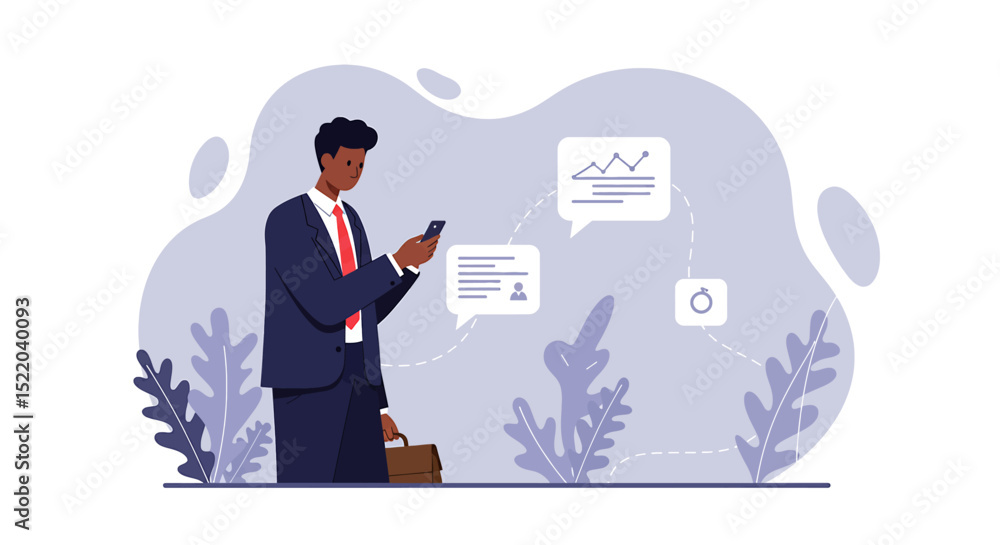 a man in a suit is using his phone Modern Flat Vector Illustration. Suitable for Landing Page, Marketing Presentation, Infographics, Social Media Posts, Blog Illustration, etc. a man in a suit is using his phone Modern Flat Vector Illustration. Suitable for Landing Page, Marketing Presentation, Infographics, Social Media Posts, Blog Illustration, etc.