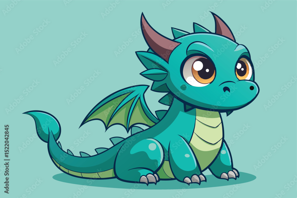 Fototapeta premium Cute Cartoon Dragon Sitting Down with Big Eyes and Small Wings