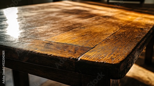 A close up view of a worn wooden table surface