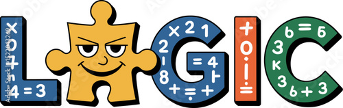 Logic puzzle game mathematics education learning math problems equations numbers symbols calculation 100 char editable stock vector illustration