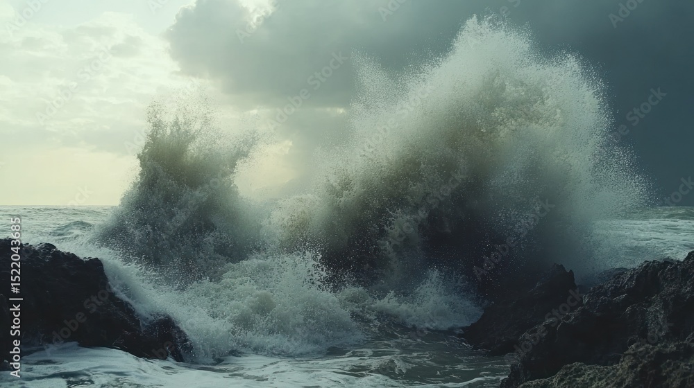Obraz premium Large waves crashing on rocky shore under a cloudy sky