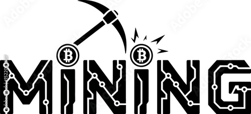 Cryptocurrency bitcoin mining concept with pickaxe and circuit board design for digital currency extraction editable stock vector illustration