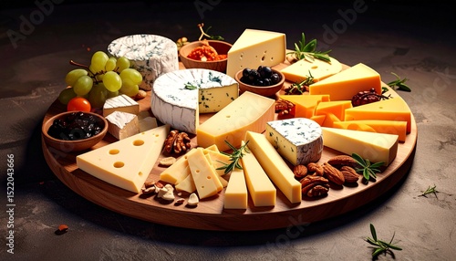 A delectable selection of cheeses arranged on a wooden board, accompanied by grapes, nuts, and berries. This image is perfect for illustrating a cheese tasting or gourmet food blog.