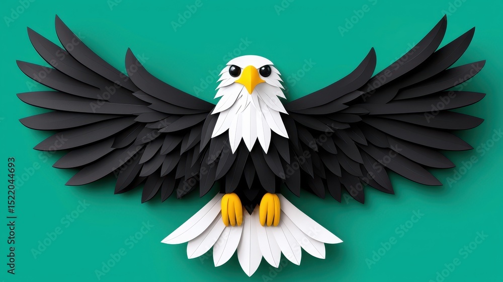 Fototapeta premium Paper Art Eagle Black And White Avian With Spread Wings on Teal