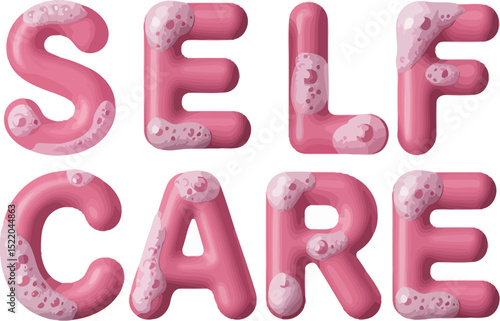 Self care pink bubbly text design for wellness and mental health awareness and relaxation practice editable stock vector illustration
