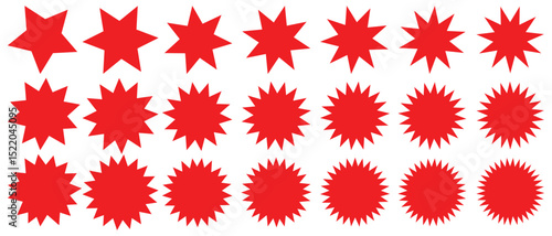 Set of red starburst. Price sticker, sale sticker, price tag, starburst, quality mark, sale or discount sticker, sunburst badges, sun ray frames, promotional badge set. Zigzag sticker. red circle tag