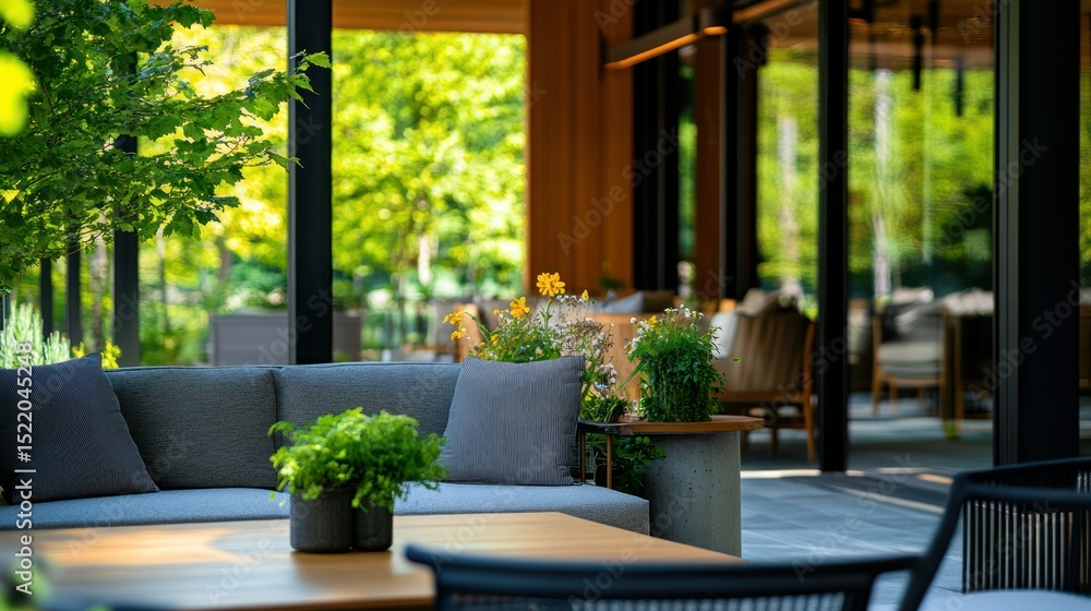 Obraz premium An outdoor lounge area featuring seating plants and natural light
