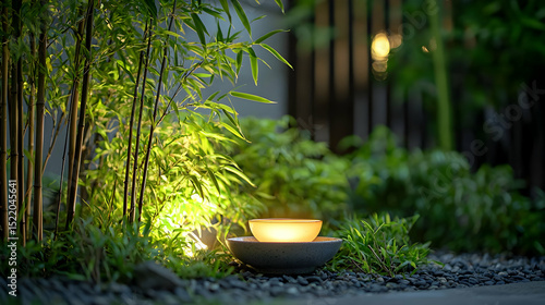 Peaceful Garden Setting With Bamboo And Warm Lighting