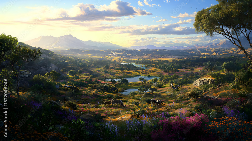 Naklejka premium Colorful Floral Valley Landscape At Sunset