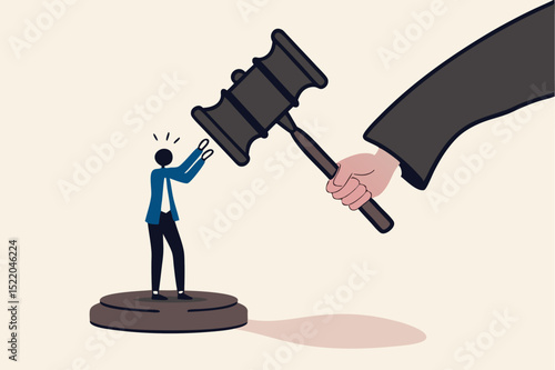 Social inequality, discrimination, injustice and unfairness for black people or racism on people of color concept, judge using huge justice hammer to punish small black people or African American man.