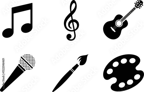 Music and art vector icons illustration set musical note guitar microphone palette paintbrush clef 100 editable stock vector illustration