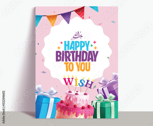 Birthday invitation card clipart poster. Happy birthday greeting text clip art template with cake, gift boxes and wish candle toppings decoration elements for invitation card design vector 