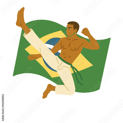Capoeira fighter performing kick in front of Brazilian flag in flat style for Capoeirista Day