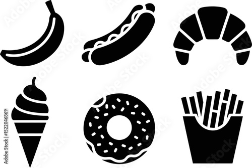 Food icons vector set banana hotdog croissant ice cream donut fries black silhouette illustration design editable stock vector illustration