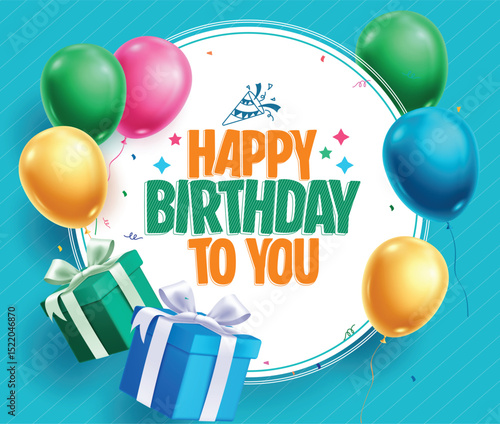 Birthday invitation card clipart template. Happy birthday greeting text in circle frame space clip art with colorful balloons and gift boxes decoration elements in blue background vector illustration.