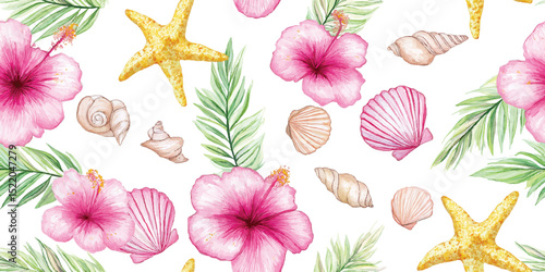 Hibiscus, starfish, seashell, Watercolor Tropical Seamless Pattern design for summer holidays background.
