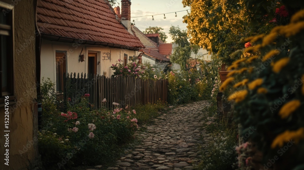 Fototapeta premium A quaint cobblestone path winds through a charming flower lined village