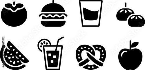 Food and drink icons vector set illustration burger juice apple pretzel melon dimsum tomato glass editable stock vector illustration