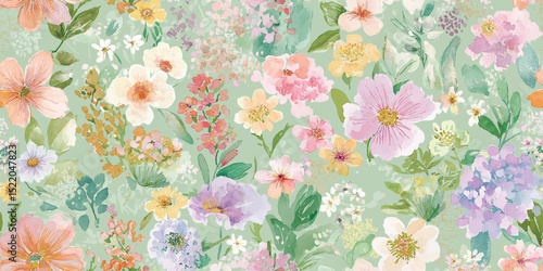Vibrant Watercolor Garden Floral Seamless Pattern. Cheerful Spring Blossom Repeat Background for Textiles, Home Decor, and Stationery