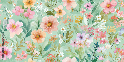 Vibrant Watercolor Garden Floral Seamless Pattern. Cheerful Spring Blossom Repeat Background for Textiles, Home Decor, and Stationery