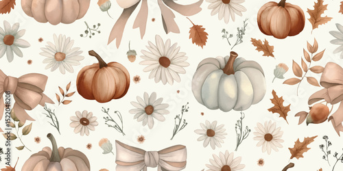 Cozy Autumn Pumpkins, Leaves, and Daisies Seamless Pattern. Watercolor Fall Harvest Repeat Background for Farmhouse Decor and Apparel