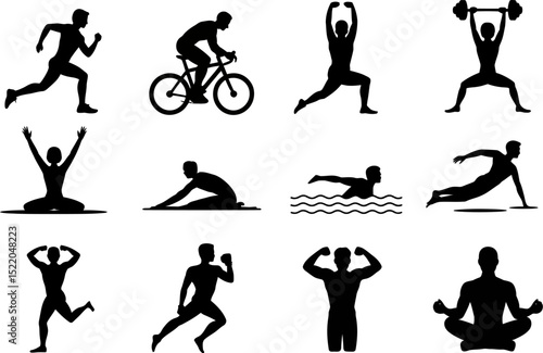 Fitness exercise workout silhouette vector illustration training sport activity lifestyle 100 char editable stock vector illustration