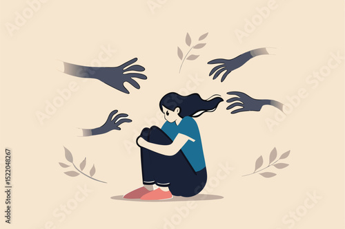 Woman abuse victim, violence or sexual harassment fear, depression or anxiety problem, social bullying or marriage suffering concept, solitude depressed woman victim sitting with abusive hands.