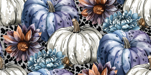 Chic Autumn Pumpkins and Dark Florals Seamless Pattern. Modern Fall Harvest Repeat Background with Abstract Spots for Fashion and Decor