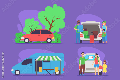 Families enjoying various activities in vibrant natural setting. One family unpacking their vehicle, while another getting ready to enjoy food from mobile vendor