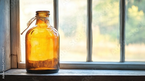 An Amber Colored Glass Bottle Sits Beside a Window
