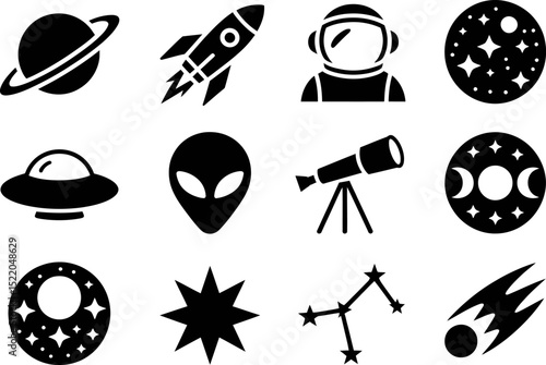 Vector space icons set planet rocket astronaut ufo alien telescope stars constellation comet black isolated editable stock vector illustration