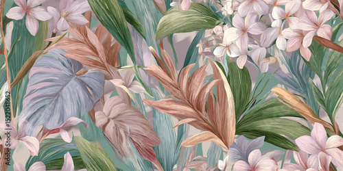 Exotic Tropical Floral and Palm Leaves Seamless Pattern. Lush Jungle Bloom Repeat Background for Resort Wear, Textiles, and Wall Decor