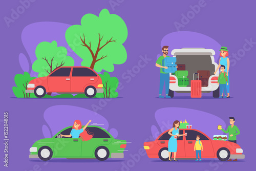 Colorful set of various family car activities, including scenes of packing, enjoying rides, and playful interactions among family members. Travel concept