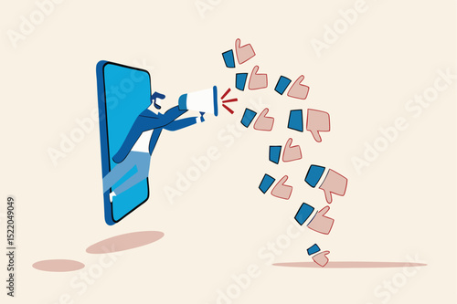 Internet hater, angry social media, dislike or negative feedback from remote work, cyber bullying concept, furious young man from mobile phone shouting on megaphone with negative thumb down symbols.