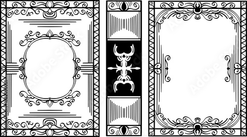 featuring a classic vintage style book cover design with engravings in three parts: front, middle and back.