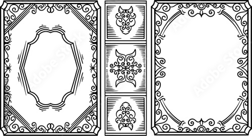 This is a book cover with a black and white vintage engraving style on the front, middle and back of the book.