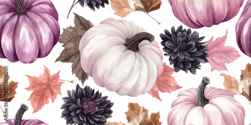 Chic Autumn Pumpkins and Dark Florals Seamless Pattern. Modern Fall Harvest Repeat Background for Fashion, Textiles, and Elegant Decor