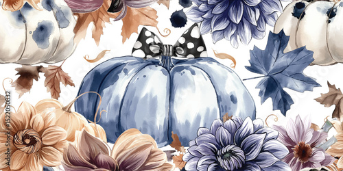 Elegant Autumn Pumpkins and Dahlias Seamless Pattern. Chic Fall Harvest Repeat Background with Bows for Textiles, Decor, and Stationery