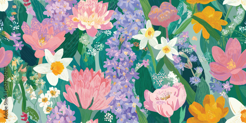 Vibrant Maximalist Spring Garden Floral Seamless Pattern. Bold Contemporary Bloom Repeat Background for Wallpaper, Textiles, and Decor